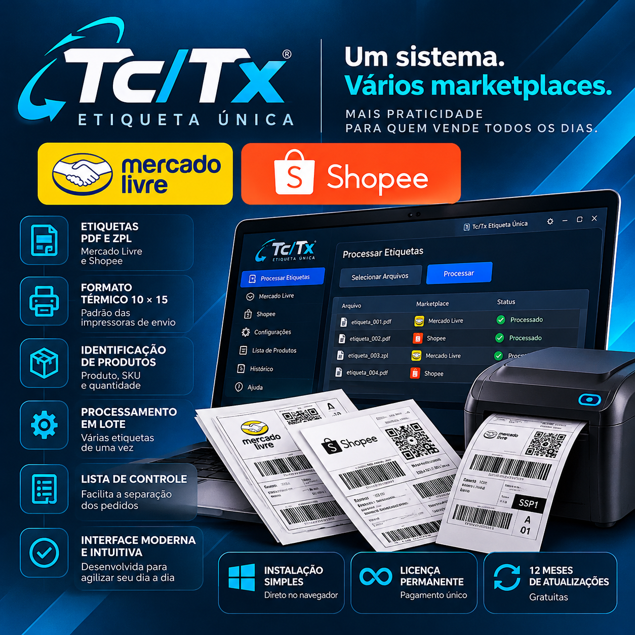 Arte ilustrativa do Tc/Tx Etiqueta Única, com etiquetas térmicas, computador e impressora